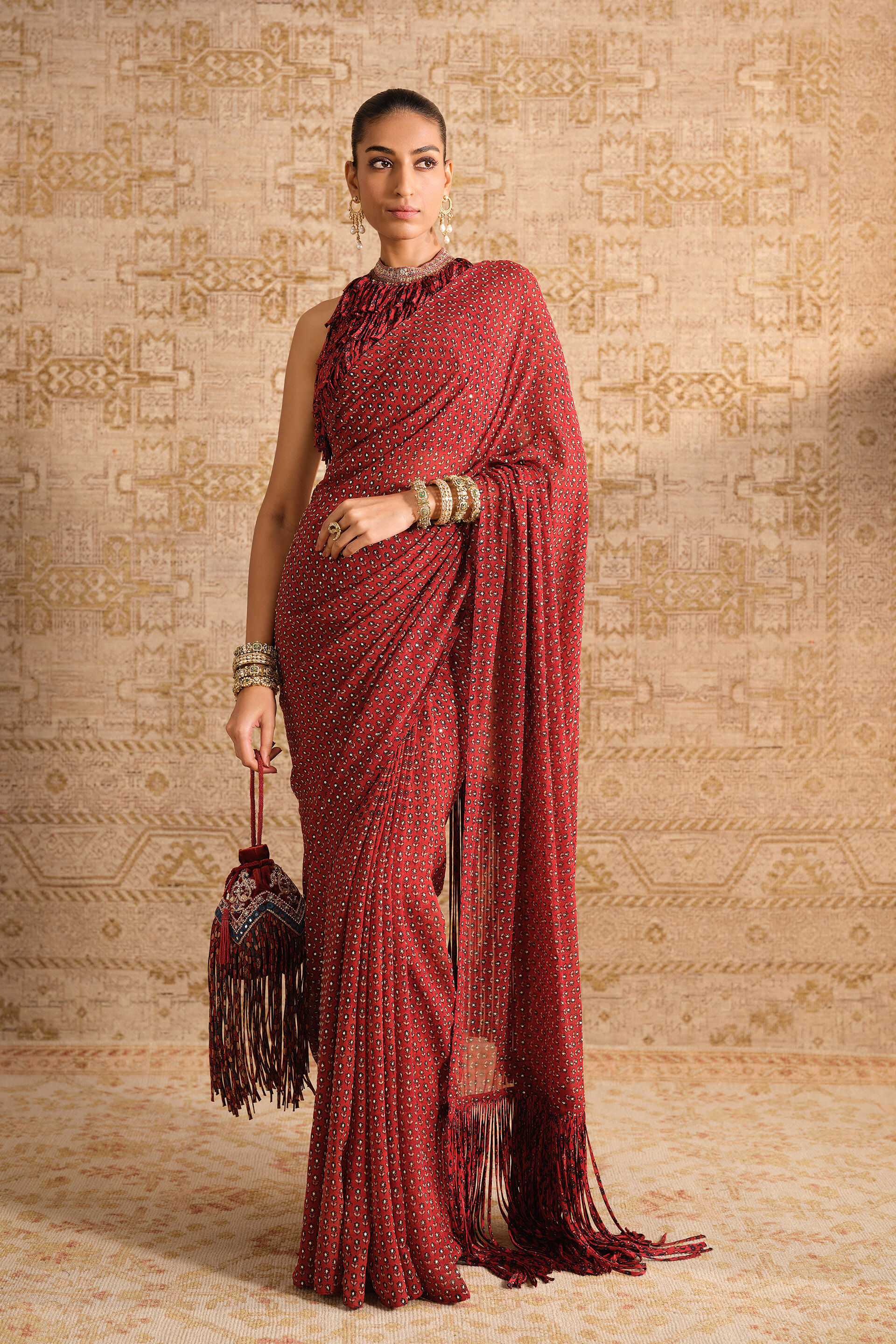 Anuka Ajrakh Hand-block Printed Fringe Pre-draped Saree - Red, Red, image 5